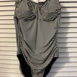 Garnet Hill NWT Black & White Striped Size 10 Ruched Bandeau One-Piece Swimsuit